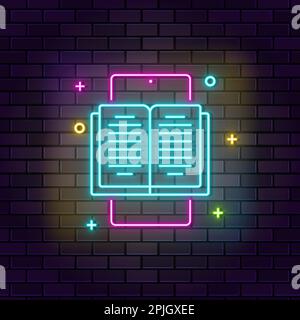 Telefon, Buch, Online-Bildung Neonsymbol. Neonsymbol für Bildung auf dunklem Backsteinhintergrund Stock Vektor