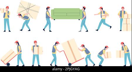 Logistikservice für die Lieferung, Umzug und Umzug. Expresstransport, riesige Pakete und Möbel, Kuriere der letzten Vektorfiguren Stock Vektor