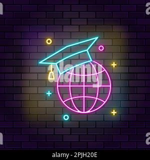 Global, Graduate hat Neon-Symbol. Neonsymbol für Bildung auf dunklem Backsteinhintergrund Stock Vektor