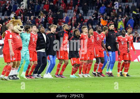 MÜNCHEN, Deutschland - 01. APRIL 2023: FcBayern-Spieler feiern den 4:2. Sieg über den härtesten Bundesliga-Rivalen. 27 Yann SOMMER, FCB Keeper, 2 Dayot UPAMECANO, 4 Matthijs de LIGT, 5 Benjamin PAVARD, 6 Joshua KIMMICH, 8 Leon GORETZKA, 10 Leroy SANƒ, Sane, 11 Kingsley COMAN, 13 Eric Maxim CHOUPO-MOTING, 19 Alphonso DAVIES, 25 Thomas MÜLLER, MŸller, 7 Serge GNABRY, 17 Sadio MANƒ, Mane, 22 Joao CANCELO, 38 Ryan GRAVENBERCH, 42 Jamal MUSIALA, Nach dem Bundesliga-Fußballspiel zwischen dem FC Bayern München und dem BVB Dortmund in der Allianz Arena in München am 1. April 2023, Deutschland. DFL, Fu Stockfoto