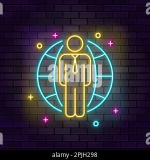 Global Business man – Neon-Symbol. Neonsymbol für Bildung auf dunklem Backsteinhintergrund Stock Vektor
