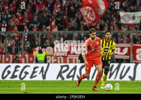 MÜNCHEN, Deutschland. , . #8 Leon Goretzka FCB, #22 Jude Bellingham BVB während des Bundesliga Fußballspiels zwischen dem FC Bayern Muenchen und dem BVB Dortmund in der Allianz Arena in München am 1. April 2023, Deutschland. DFL, Fussball, 4:2 (Foto und Copyright @ Hangen Martin/ATP images (HANGEN Martin/ATP/SPP) Kredit: SPP Sport Press Photo. Alamy Live News Stockfoto