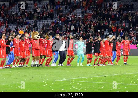 MÜNCHEN, Deutschland - 01. APRIL 2023: FcBayern-Spieler feiern den 4:2. Sieg über den härtesten Bundesliga-Rivalen. 27 Yann SOMMER, FCB Keeper, 2 Dayot UPAMECANO, 4 Matthijs de LIGT, 5 Benjamin PAVARD, 6 Joshua KIMMICH, 8 Leon GORETZKA, 10 Leroy SANƒ, Sane, 11 Kingsley COMAN, 13 Eric Maxim CHOUPO-MOTING, 19 Alphonso DAVIES, 25 Thomas MÜLLER, MŸller, 7 Serge GNABRY, 17 Sadio MANƒ, Mane, 22 Joao CANCELO, 38 Ryan GRAVENBERCH, 42 Jamal MUSIALA, Nach dem Bundesliga-Fußballspiel zwischen dem FC Bayern München und dem BVB Dortmund in der Allianz Arena in München am 1. April 2023, Deutschland. DFL, Fu Stockfoto