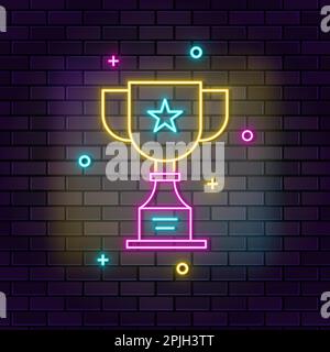 Trophäensymbol Neon. Neonsymbol für Bildung auf dunklem Backsteinhintergrund Stock Vektor