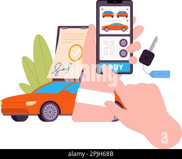 Autohändler online. Digitaler Autohändler, Fernverkauf von Kfz-Versicherungs-Leasing, Internetverkauf Kfz-Leasing Fahrzeugkonzept Glanzvolle Vektordarstellung Stock Vektor