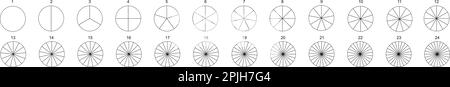 Vorlagen für Ringdiagramme oder Tortendiagramme. Der Kreis wird auf gleichen Teilen von 2 bis 24 geteilt. Runde Formen, die in Scheiben geschnitten werden. Satz Raddiagramme mit isolierten Sektoren auf weißem Hintergrund. Darstellung der Vektorkontur Stock Vektor