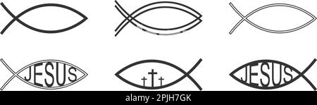 Satz Ichthys-Symbole. Jesus-Fisch-Zeichen. Christliche Religionssymbole. Beliebte Embleme für Autoaufkleber, Aufkleber, Halsketten oder Anhänger, isoliert auf weißem Hintergrund. Grafische Vektordarstellung Stock Vektor