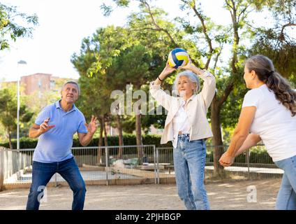 Alte multinationale Menschen spielen Volleyball-Aktivität auf einem Sommerspielplatz für Sport im Frühling draußen Stockfoto