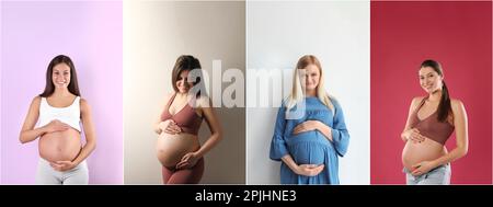 Collage mit Fotos von schönen schwangeren Frauen auf unterschiedlichem Hintergrund. Bannerdesign Stockfoto