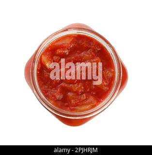 Glasbehälter mit köstlichem Lecho aus der Dose isoliert auf Weiß, Blick von oben Stockfoto