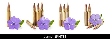 Geschosse und wunderschöne Blumen auf weißem Hintergrund. Bannerdesign Stockfoto