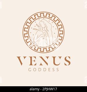 Logo der Venus Goddess. Göttin-Vektor-Logo. Vorlage für Logo der Schönheits- und Kunstindustrie. Göttin der Schönheit, fleischliche Liebe, Verlangen, Fruchtbarkeit und Prosp Stock Vektor