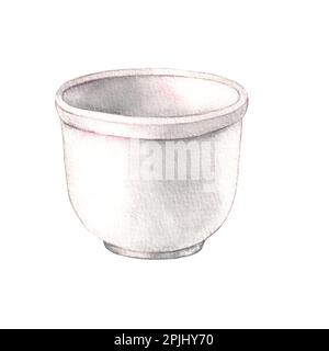 Aquarelle weiße Keramikschüssel auf weißem Hintergrund. Isolierte Darstellung für Design, Postkarte, Banner, Logo, Marke, Einladung, Menü, Anhänger, Verpackung Stockfoto