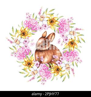 Aquarellkaninchen in einem Kranz aus Pfingstrosen, Narzissen, Apfelblumen auf weißem Hintergrund. Isolierte Darstellung für Design, Postkarte, Banner, Logo, Kleie Stockfoto