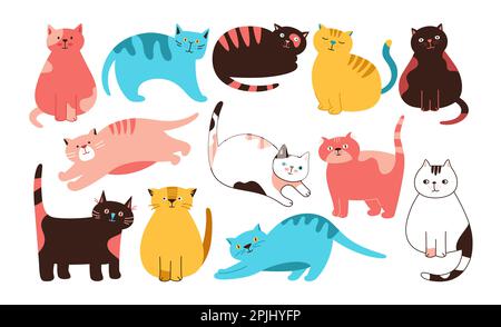 Katzen niedliches Zeichentrickset. Kitty reinrassig mit verschiedenen Posen und Emotionen – flache Kollektion. Die gezeichneten Katzen schlafen, strecken und spielen. Katzenfiguren Haustiere isolierter Vektor Stock Vektor