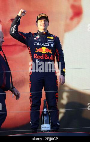 Melbourne, Australien. 03. April 2023. MELBOURNE, Australien, 2. APRIL 2023; PODIUM, Rennsieger Nr. 1, Max VERSTAPPEN, NDL, Oracle Red Bull Racing während des AUSTRALISCHEN Formel 1 Grand Prix am 2. April 2023, Albert Park - Melbourne, FIA Formula1 World Championship, Raceday, Formel 1 Rennen in Australien, Motorsport, F1 GP, Honorarpflichtiges Foto, gebührenpflichtiges Bild, Copyright © Clay CROSS/ATP images (CROSS Clay/ATP/SPP) Kredit: SPP Sport Press Photo. Alamy Live News Stockfoto