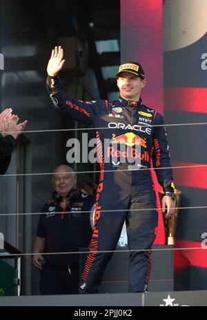 Melbourne, Australien. 03. April 2023. MELBOURNE, Australien, 2. APRIL 2023; PODIUM, Rennsieger Nr. 1, Max VERSTAPPEN, NDL, Oracle Red Bull Racing während des AUSTRALISCHEN Formel 1 Grand Prix am 2. April 2023, Albert Park - Melbourne, FIA Formula1 World Championship, Raceday, Formel 1 Rennen in Australien, Motorsport, F1 GP, Honorarpflichtiges Foto, gebührenpflichtiges Bild, Copyright © Clay CROSS/ATP images (CROSS Clay/ATP/SPP) Kredit: SPP Sport Press Photo. Alamy Live News Stockfoto