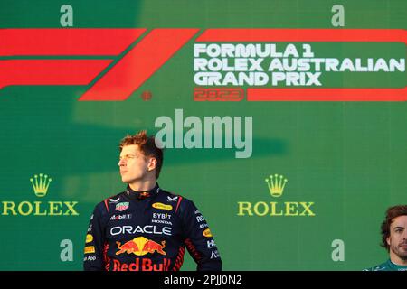 Melbourne, Australien. 03. April 2023. MELBOURNE, Australien, 2. APRIL 2023; PODIUM, Rennsieger Nr. 1, Max VERSTAPPEN, NDL, Oracle Red Bull Racing während des AUSTRALISCHEN Formel 1 Grand Prix am 2. April 2023, Albert Park - Melbourne, FIA Formula1 World Championship, Raceday, Formel 1 Rennen in Australien, Motorsport, F1 GP, Honorarpflichtiges Foto, gebührenpflichtiges Bild, Copyright © Clay CROSS/ATP images (CROSS Clay/ATP/SPP) Kredit: SPP Sport Press Photo. Alamy Live News Stockfoto