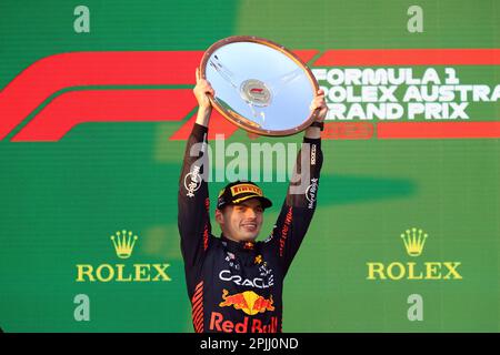 Melbourne, Australien. 03. April 2023. MELBOURNE, Australien, 2. APRIL 2023; PODIUM, Rennsieger Nr. 1, Max VERSTAPPEN, NDL, Oracle Red Bull Racing während des AUSTRALISCHEN Formel 1 Grand Prix am 2. April 2023, Albert Park - Melbourne, FIA Formula1 World Championship, Raceday, Formel 1 Rennen in Australien, Motorsport, F1 GP, Honorarpflichtiges Foto, gebührenpflichtiges Bild, Copyright © Clay CROSS/ATP images (CROSS Clay/ATP/SPP) Kredit: SPP Sport Press Photo. Alamy Live News Stockfoto