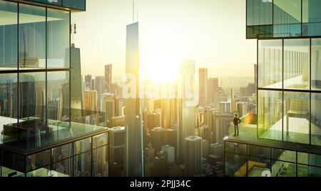 Junger Geschäftsmann steht auf dem Balkon und sieht den Sonnenaufgang der modernen Stadt. Konzept für erfolgreiche Unternehmensansprüche. 3D-Rendering Stockfoto