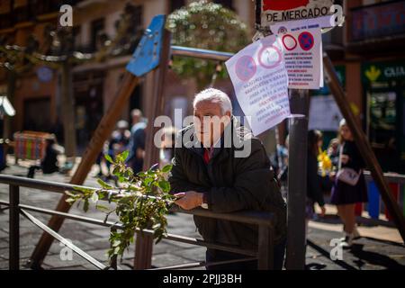 Ein Mann hält einen Lorbeerzweig während der Passage der Ananda mit dem Bild von Jesus auf dem Esel, während der Prozession „La Borriquilla“ durch die Straßen von Sahagún. Die Prozession der Palmen stellt den Übergang Jesu zu seinem triumphalen Eintritt nach Jerusalem dar. Die Prozession führte durch die Straßen der Stadt, begleitet von Gläubigen mit Bouquets und der Symphonic-Band der Stadt. (Foto: Luis Soto/SOPA Images/Sipa USA) Guthaben: SIPA USA/Alamy Live News Stockfoto