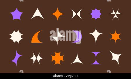 Y2K-Design-Element-Set. Futuristische Symbole und Objekte im Retro-Look. Sammlung von Primitiven im Schweizer und bauhaus-Stil. Ein Paket mit Formen, Sternen, Glitzern, Aufklebern. Darstellung des Vektorhintergrunds Stock Vektor