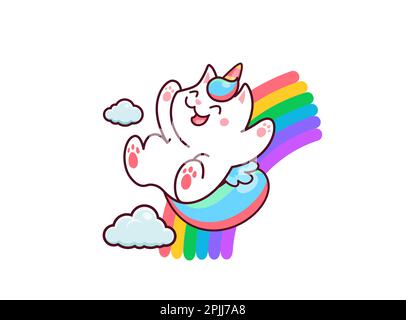 Cartoon niedliche Kawaii Caticorn Figur reitet auf Regenbogen. Magische Kreatur aus Einhorn-Katze oder Kätzchen-Vektorpersönlichkeit mit Regenbogenhorn und Schwanz. Fröhliches Ca Stock Vektor