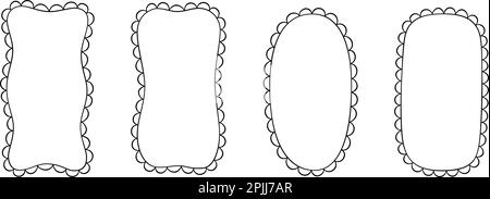 Doodle Retangle und ovale Muschelrahmen. Handgezeichnete Rechteck- und Ellipsenformen mit ausgekrümmten Kanten. Einfaches Etikettenformular. Rahmen aus Blumenspitze Stock Vektor