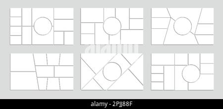 Fotomosaik-Collage, Vektorrahmen-Vorlagen mit runden, quadratischen, rechteckigen und trapezförmigen Teilen zum Hinzufügen von Bildern. Opti für Fotomontage-Komposition Stock Vektor