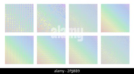 Hologramm-Texturmuster, Glitzerfolie mit Regenbogengradient. Schillernde Vektorhintergründe gesetzt. Leuchtende, mehrfarbige, dekorative, nahtlose Rückseite Stock Vektor
