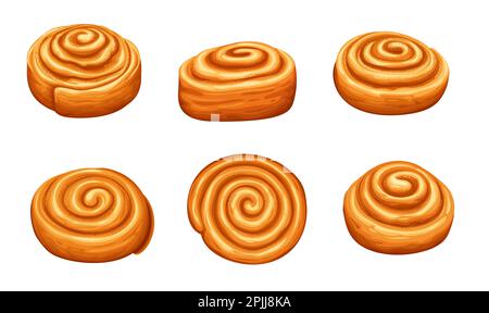 Zimtbrötchen, süßes Gebäck aus gerolltem Teig, Zimt, Zucker und Butter. Isoliertes Vektorset aus gebackenem goldbraunem Donut mit Stock Vektor