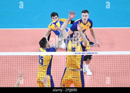 Vitaliy Shchytkov, Jurii Semeniuk (Ukraine). Volleyball-Weltmeisterschaft 2022. Viertelfinale Stockfoto