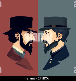Amerikanischer Bürgerkrieg, dargestellt von zwei Männern, die sich gegenseitig gegenüberstehen, Union gegen Konföderation, minimalistische Vektordarstellung Stock Vektor