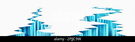 Gefrorenes Risseis auf transparentem Hintergrund. 3D-Textur der gebrochenen Gletscheroberfläche. Erdbeben Tiefbruch Winter Fluss realistische blaue Fraktur. Vereiste, gespaltene Beben-Lücke, isolierte Illustration. Naturschäden Stock Vektor