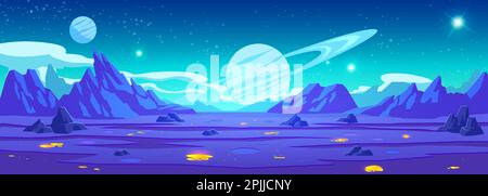 Lila Alien-Planet-Spiel-Hintergrund. Fantasy-Welt-Landschaft mit Berg- und Felsenlandschaft. Goldene Lache und Stein auf dem Boden, um die Wüste zu erkunden. Sternenglitzer in der Himmelsgalaxie Stock Vektor