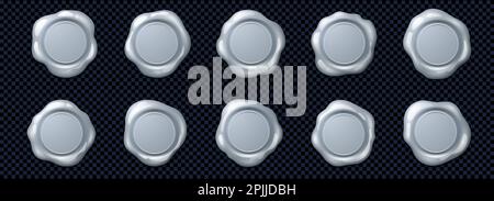 Silberwachs-Siegel, Briefmarken für Zertifikate, Qualitätsgarantie, Briefe. Leere runde Wachsschilder aus Metall, alte mittelalterliche Etiketten, vektorrealistische Illustration isoliert auf transparentem Hintergrund Stock Vektor