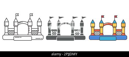 Hüpfburg-Ikone des aufblasbaren Hauses. Trampolin auf dem Spielplatz für springende Kinder und Spiele im Park. Umriss des Vektors und Farbpiktogramm Stock Vektor