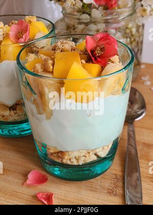 Tropische Mango und Ananas parfaits in Mason jars, Szene auf dunklen rustikalen Hintergrund Stockfoto