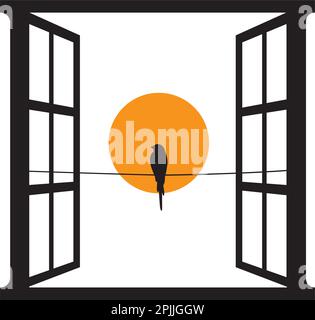 Fensterbild und Vogel auf Draht bei Sonnenuntergang, Vektor. Das Fenster öffnen und die Vogelsilhouetten am Kabel anbringen, Abbildung. Schwarz-weißes Kunstdesign Stock Vektor