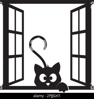 Katze, die ins Fenster guckt, Vektor. Fenster öffnen und eine Katze auf dem Fenster, Abbildung. Schwarz-weißes Kunstdesign Stock Vektor