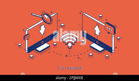 Isometrisches Banner für Dateiübertragung, zwei Computer, die über WLAN-Freigabe von Dokumenten verbunden sind. Fernverbindung und Zugriff auf Informationsordner mit Cloud Internet-Technologie, 3D-Vektorgrafiken-Illustration Stock Vektor