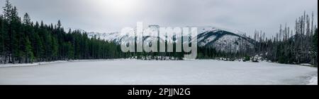 Panorama. Ein schneebedeckter Teich, umgeben von schneebedeckten Bergen. Tatra-Nationalpark. Koscieliska Valley, Teich Smreczynski, Polen Stockfoto