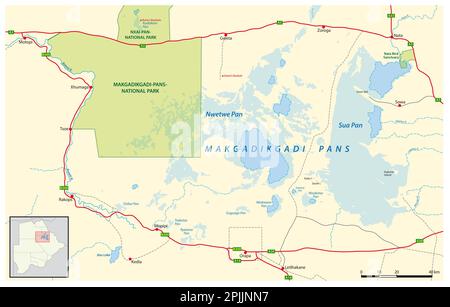 Vektorkarte der Makgadikgadi-Salzpfannen im Nordosten Botswanas Stockfoto