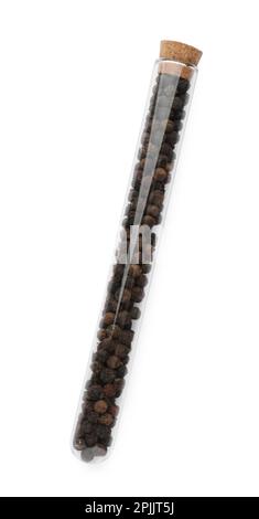 Glasröhrchen mit Pfefferkörnern auf weißem Hintergrund, Draufsicht Stockfoto