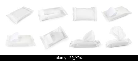 Set with packs of wet wipes on white background. Banner design Stockfoto