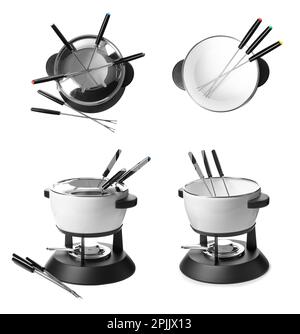 Moderne Fondue-Sets auf weißem Hintergrund, Collage Stockfoto