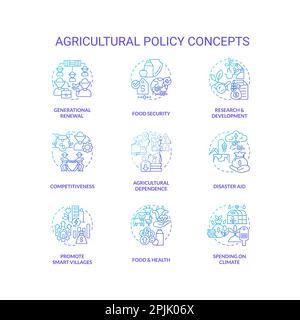 Agrarpolitik Symbolsatz für blaues Gradientenkonzept Stock Vektor