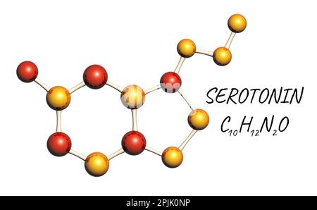 Chemische Formel des Serotonins - Glückshormon. Molekulares Modell des Serotonin-Hormons. Isoliert auf weißem Hintergrund. Kann für Wissenschaft und EDU verwendet werden Stockfoto