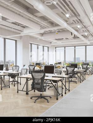 3D Abbildung eines modernen Büros. Helles Büro im Loft-Stil. Stockfoto