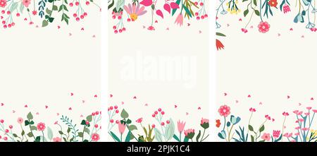 Exquisite Blumenrahmen mit Blumen, Blättern und Herz. Botanische Vektorkunst für Einladungen, Poster und Grußkarten. . Vektordarstellung Stock Vektor